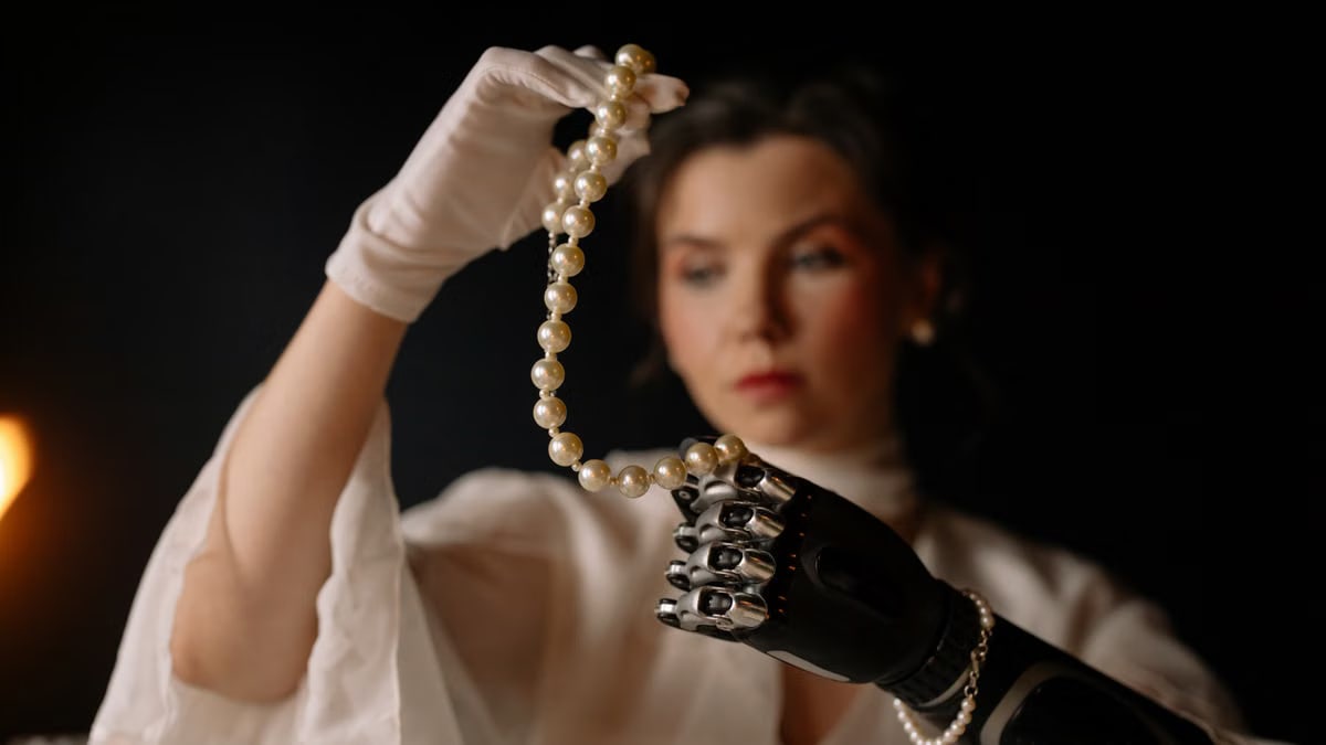A woman with a prosthetic hand gracefully holding a pearl necklace, showcasing elegance and modern technology.